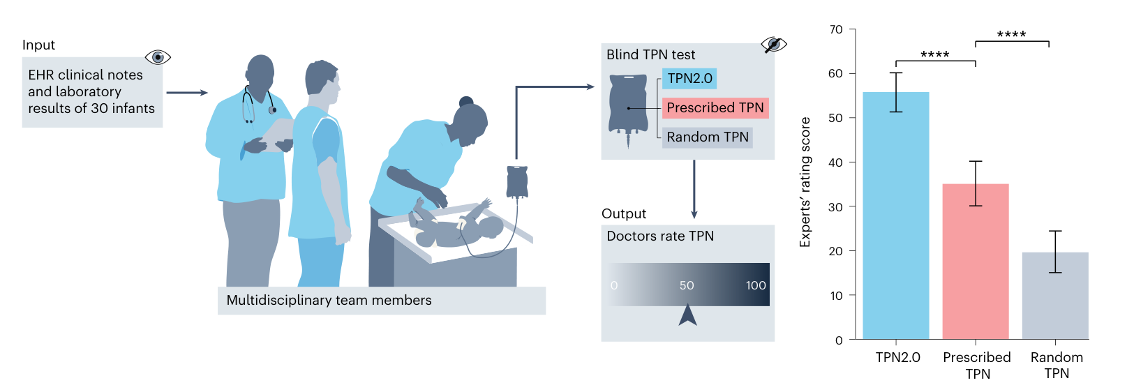 Blinded study design and results: experts rated TPN2.0 above prescribed and random TPN